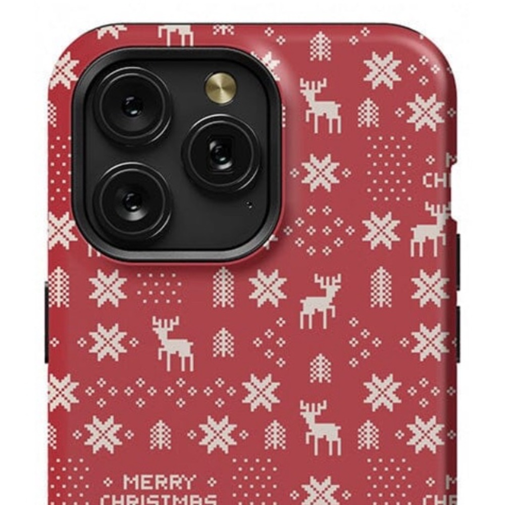 Casely brand iPhone 15 Pro MagSafe case, red Christmas Knit snowflakes reindeer